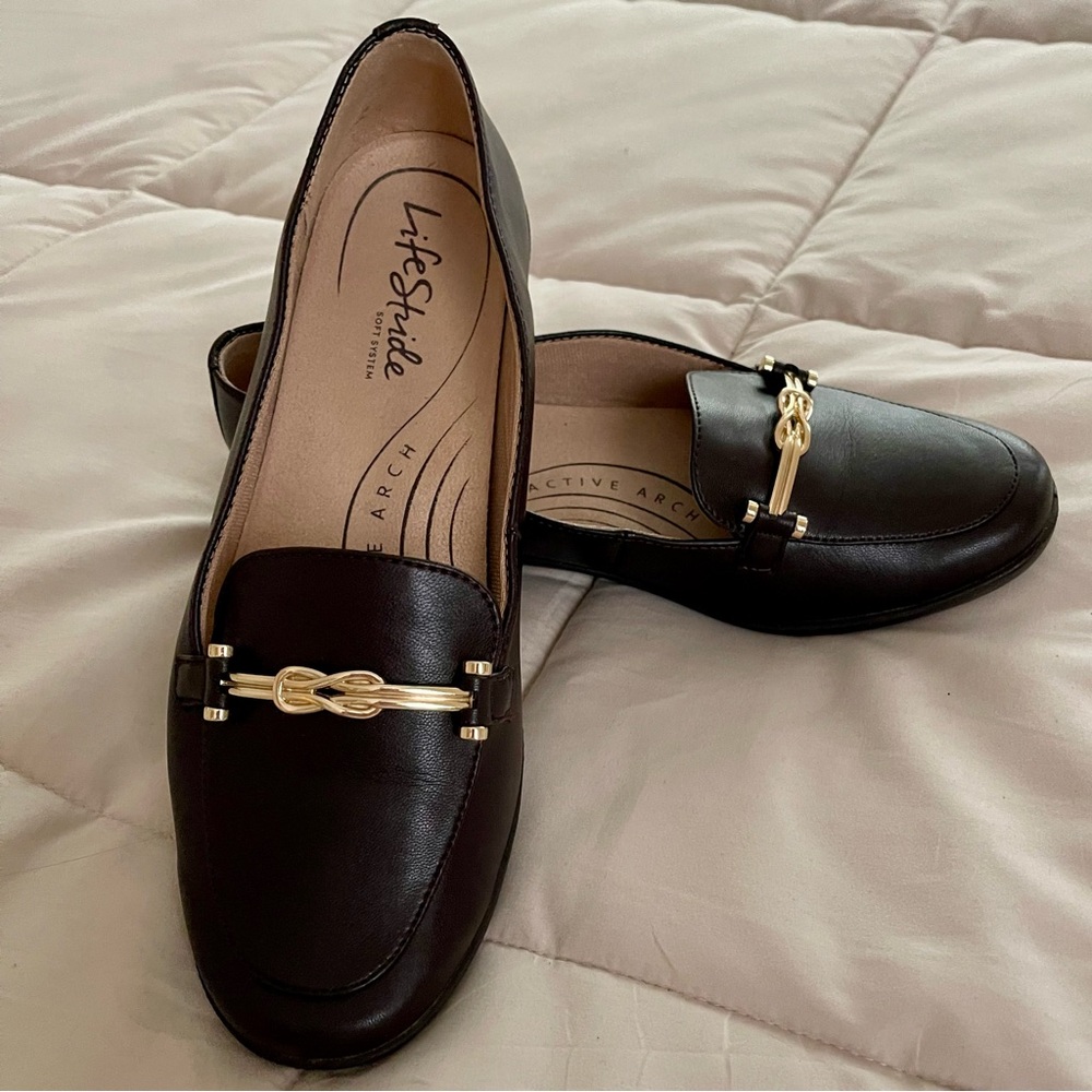 Life Stride Brown Faux-Leather Flats with Metallic Accent